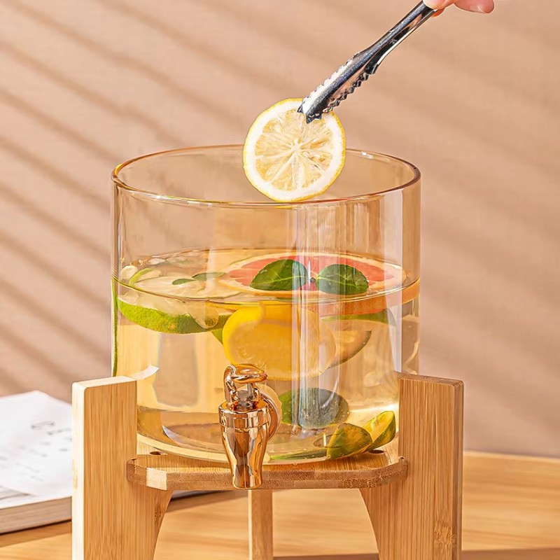 Tempat Minuman Es Jus 2.6L Dispenser Air Kaca / Ketel Air Kaca dengan Tatakan Kayu / Dispenser juice