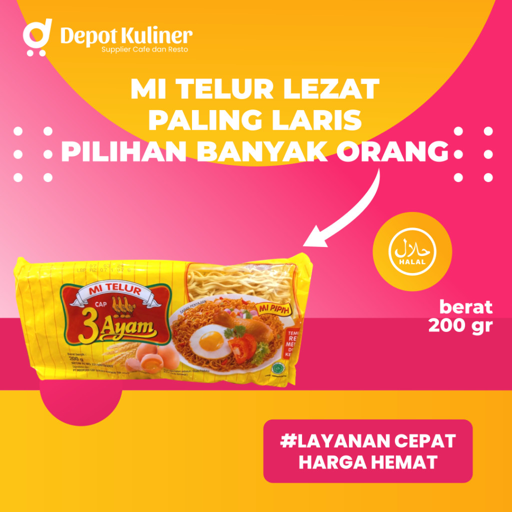 

2 Pcs Mi Telur cap 3 Ayam 200GR bungkus Kuning