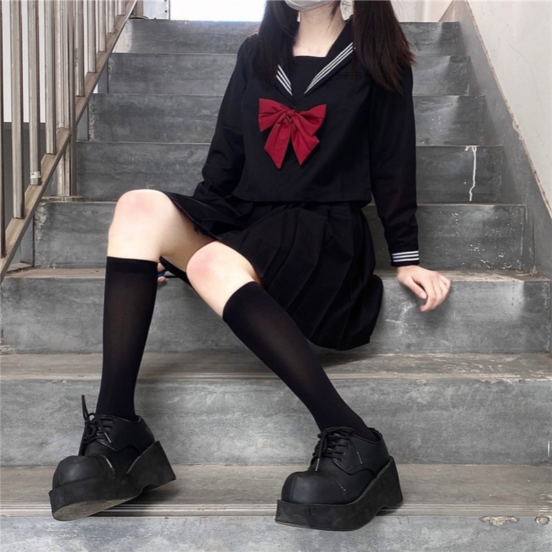 Japanese School Uniform Girls Plus Size Jk Suit Red Tie Black Three Basic Sailor Uniform Women Long 