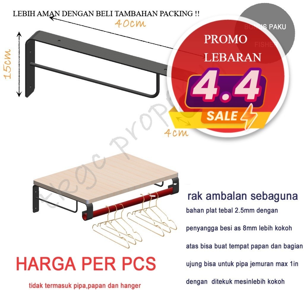 rak ambalan dinding besi dengan ujung lengkung untuk pipa gantungan jemuran serbaguna