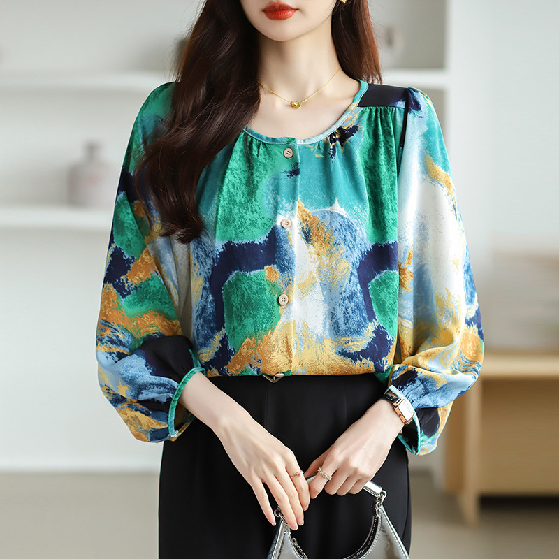 Korean Longgar Blus sifon hijau lengan panjang Kemeja Wanita Kerah Bulat Santai untuk Bepergian