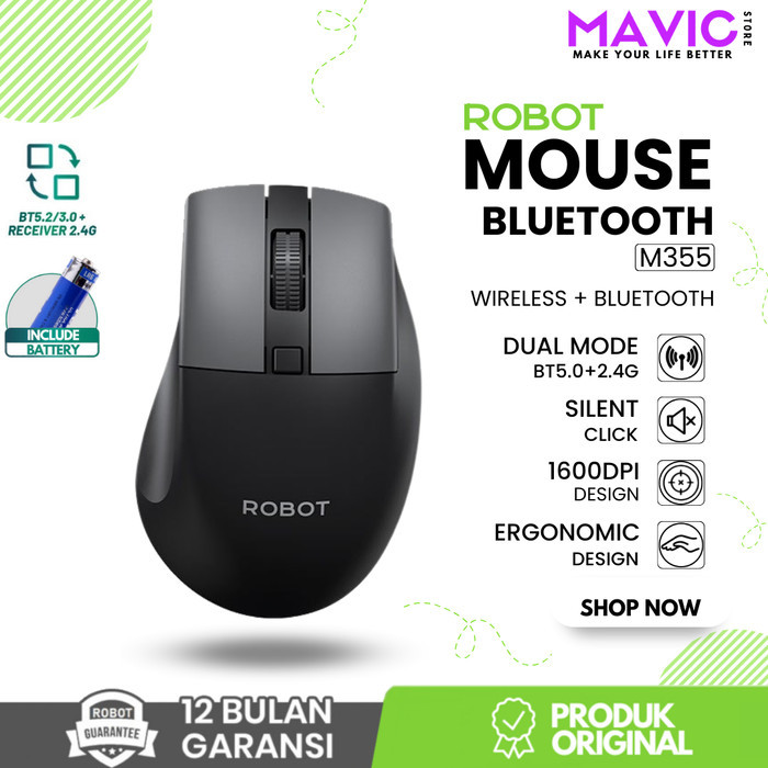 ROBOT M350 Mouse Wireless Silent Click 1600DPI Bluetooth & Receiver - M355 - Black