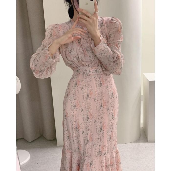 D1309 NADINE KOREAN STYLE FLORAL VINTAGE MIDI DRESS LENGAN PANJANG HIJAB BUMIL FRIENDLY PANTAI MANIS