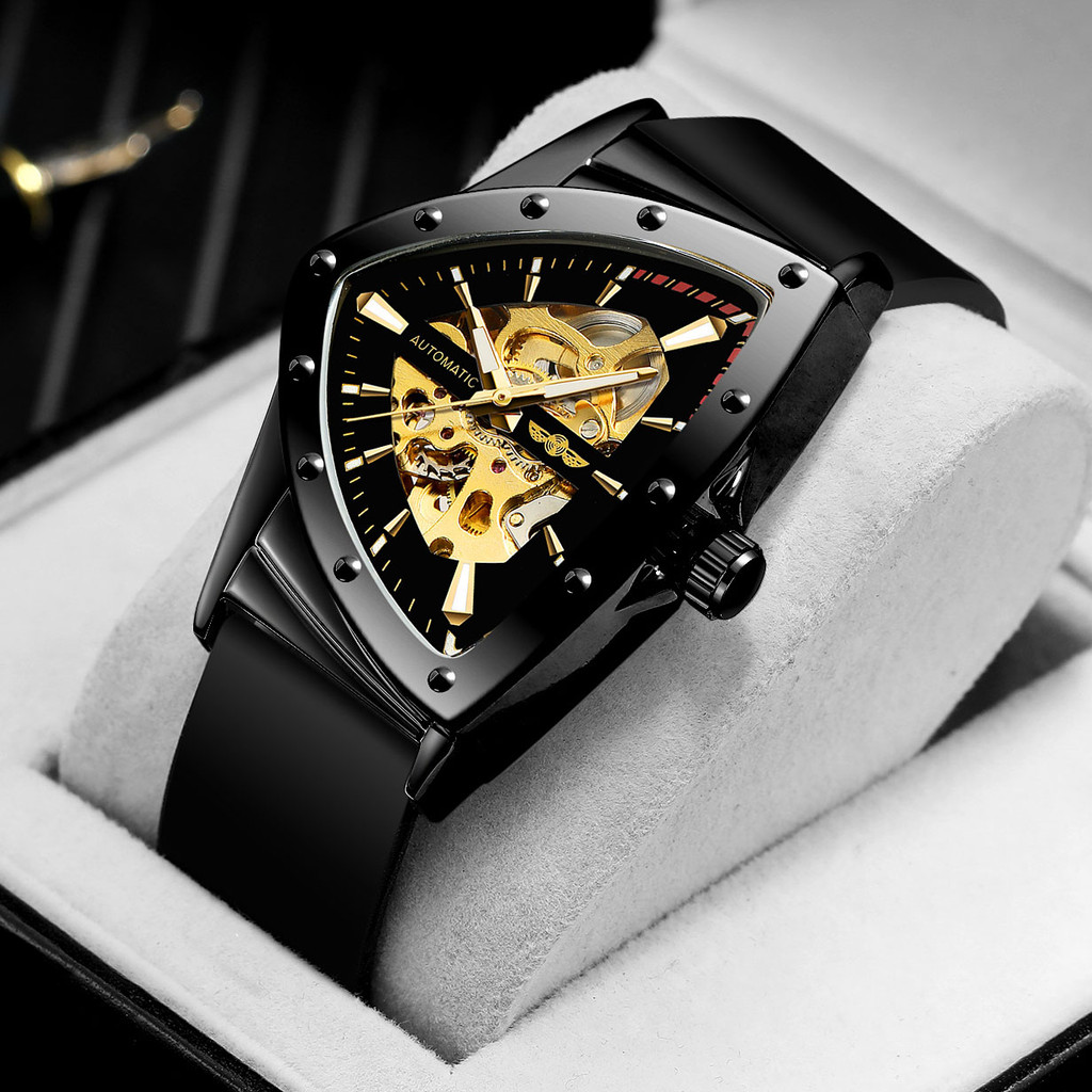Winner Military Triangle Skeleton Automatic Watch for Men Gold Sports Mechanical Watches Luxury Rubb