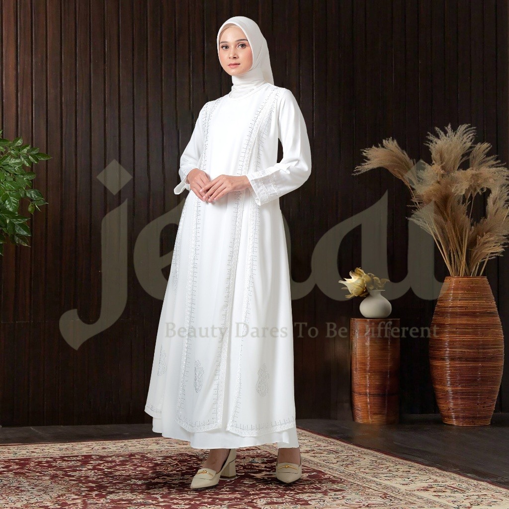 JENAI Gamis Putih Wanita Kekinian Terbaru Abaya putih Mewah Elegan AWRE
