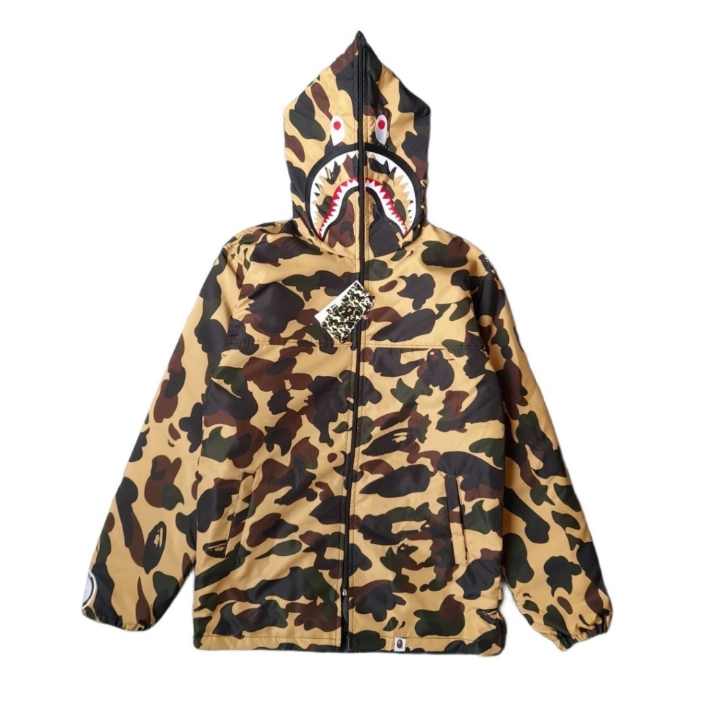 JAKET HOODED BOMBER VARSITY BAPE A BATHING APE SHARK WGM CAMO BROWN