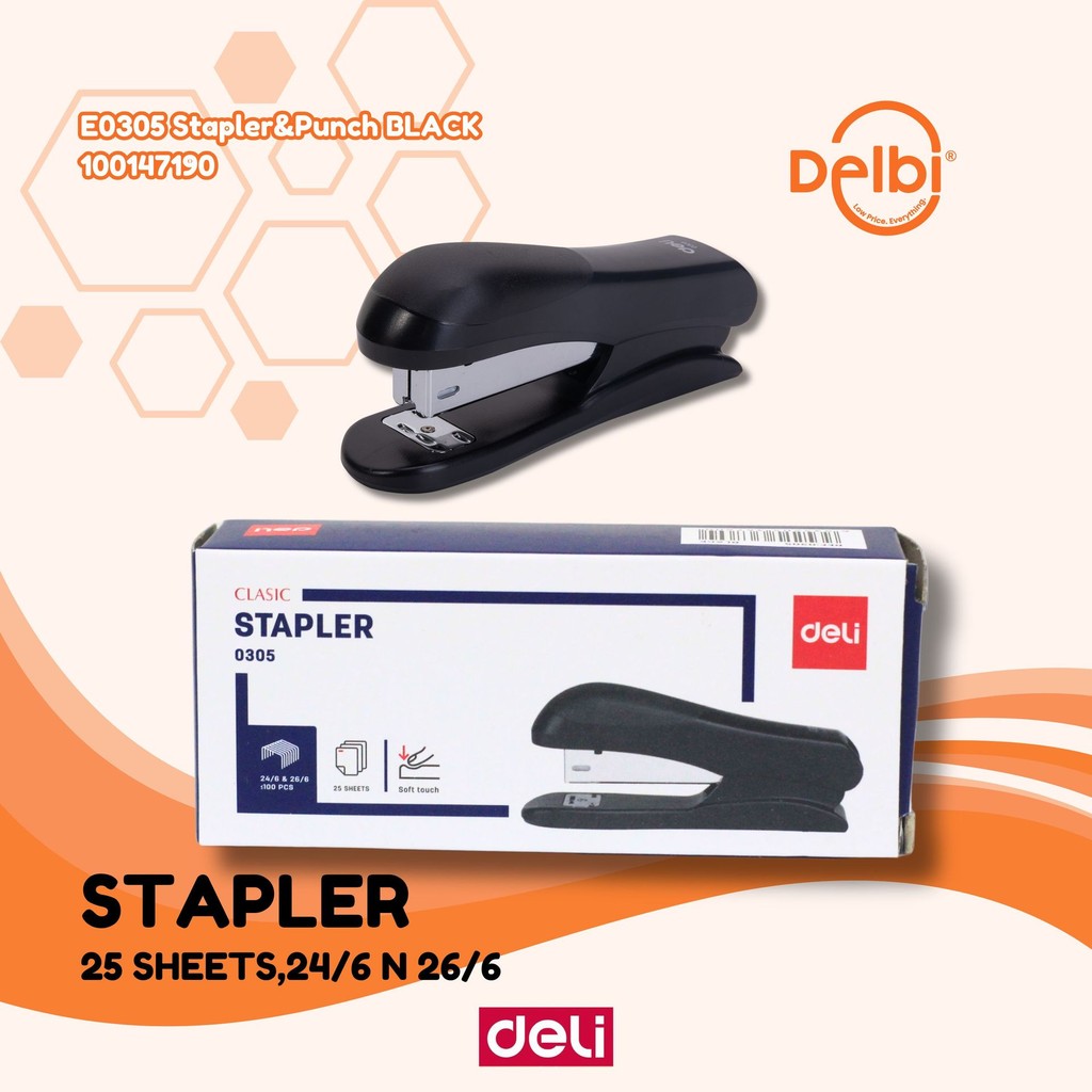 

Deli | Soft Touch Stapler Metal | 24/6 & 26/6 | E0305 E0305 Stapler&Punch BLACK