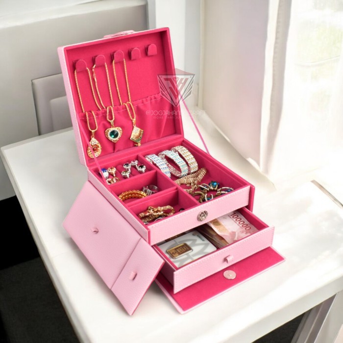 Kotak Tempat Perhiasan Emas, Kalung, Gelang, Cincin - New Jewelry Box - Merah Muda //01