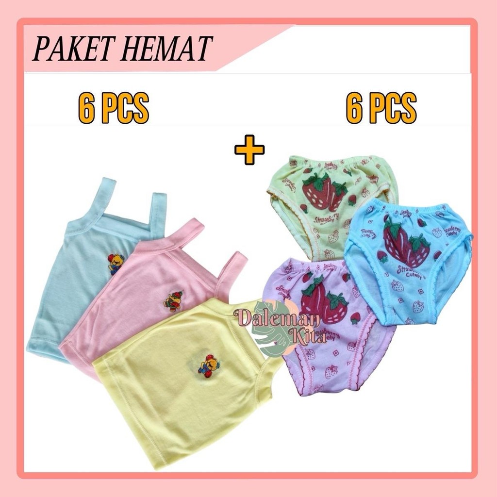 PAKET HEMAT 6pcs singlet enji soft + 6pcs CD strowberry | setelan pakaian dalam anak cewek murah | p