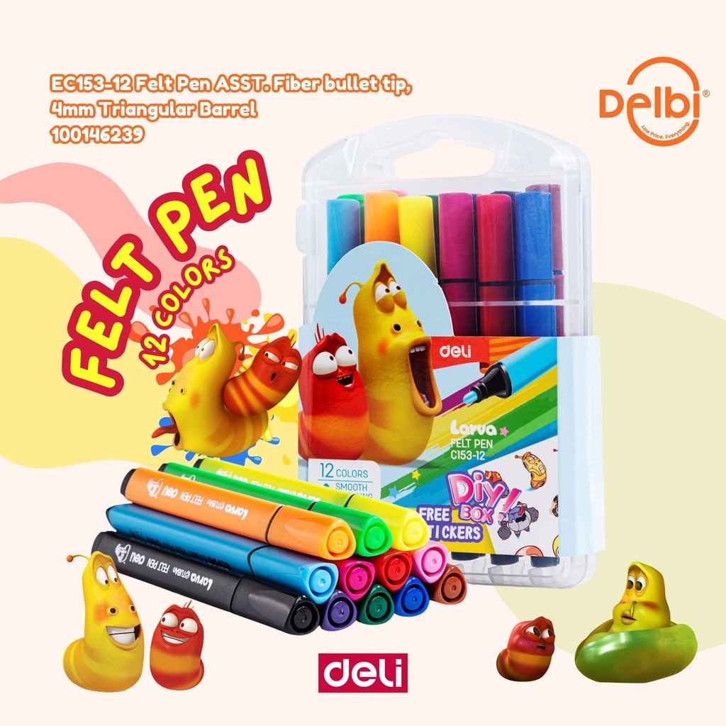 

Deli Larva Felt Pen / Spidol Warna 12/24 Warna Mudah Dicuci Warna Cerah dan Tebal EC153 Felt Pen ASST. Fiber bullet tip, 4mm Triangular Barrel