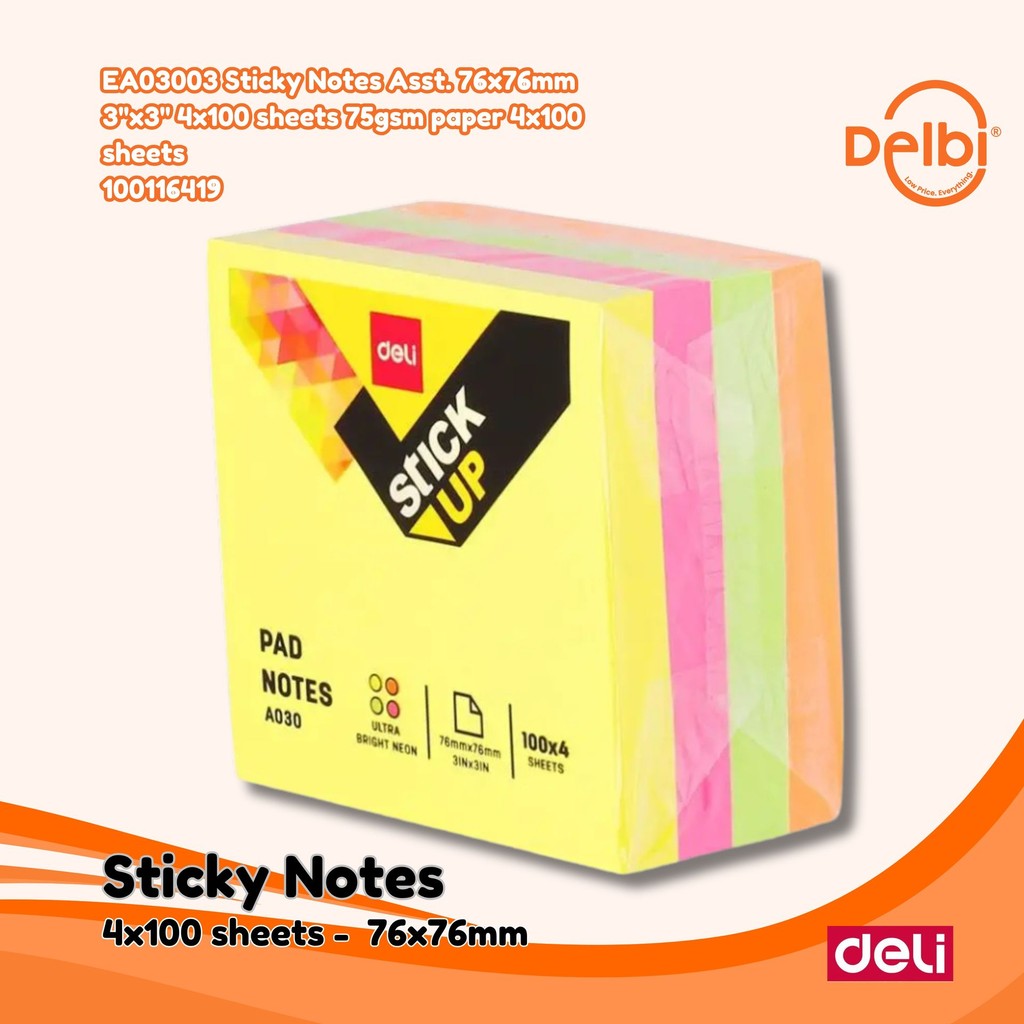 

Deli Sticky Note Pad Notes 4x100Sheets 51*51*40mm Lem Menempel Erat EA03303 Sticky Notes Asst. 76x76mm 3''x3'' 4x100 sheets 75gsm paper 4x100 sheets
