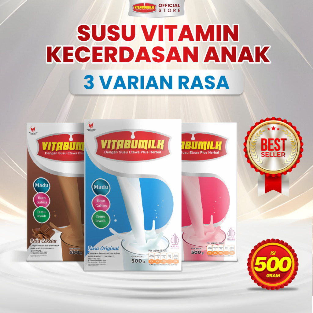 

VITABUMILK Isi 500 gram | Susu Vitamin Otak dan Kecerdasan Anak | Susu Kambing Etawa Plus Herbal Madu Ikan Gabus dan Temulawak | 3 Varian Rasa