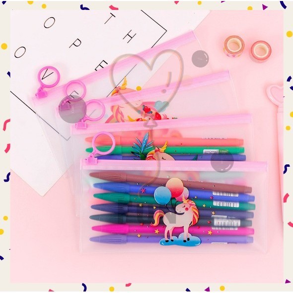 

FF PROMO - Tempat Pensil Pouch Transparan Pink Lucu Unik Gaya Korea Motif Unicorn Horse Anak Sekolah Import COD Murah