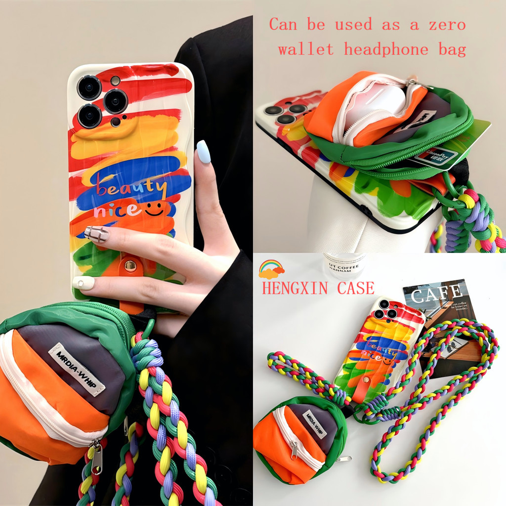 Colorful oil painting orange backpack crossbody strap suitable for iPhone 16 PRO MAX phone case 12 1