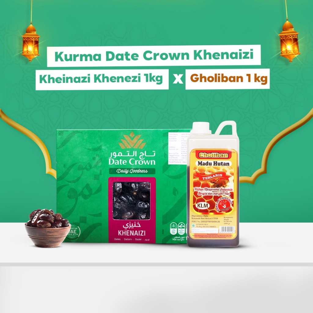 

Kurma Date Crown Khenaizi Kheinazi Khenezi 1 kg x Madu Hutan Gholiban 1 kg