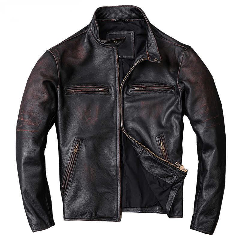 Men Leather Jacket Vintage Black 100% Natural Genuine Cowhide Coats Men's Leather Coat Male Clothes 