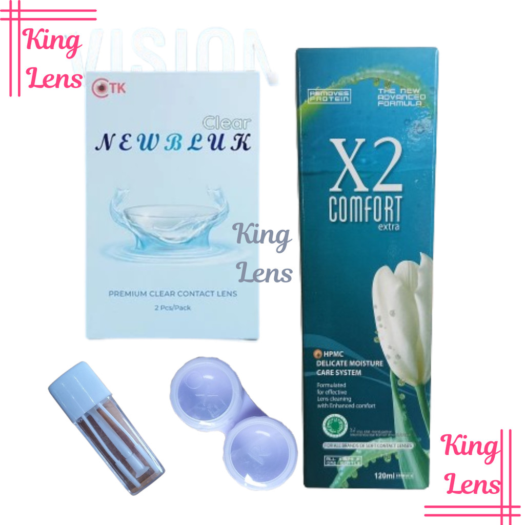 Paket Softlens Minus Newbluk Clear Diameter 14,2mm + Air Softlens X2 120ml + Pinset + Lenscase