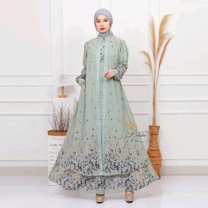 Delisha - Arrumi Dress / Gamis Sage Ceruty Baby Doll Premium Berfuring Mewah Busui - Pink, All Size