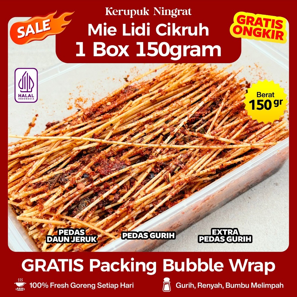 

1box Mie Lidi Cikruh 150gr Pedas Gurih & Pedas Daun Jeruk Halal Food Snack Camilan Crispy