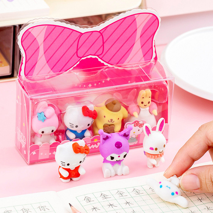 

BEST CLEAR AND SOFT RUBBER ERASERS IN TRANSPARENT BOX / 1SET ISI 4PCS PENGHAPUS MOTIF KAWAII LUCU DAN MENGGEMASKAN / PENGHAPUS BOX SET 4 IN 1 / BOX MIKA SET