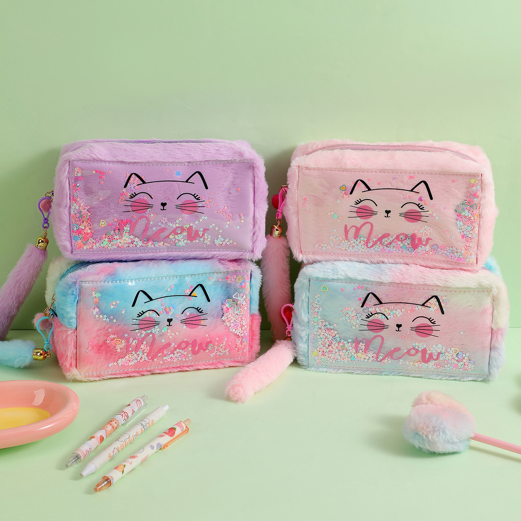 

Cartoon Plush Cat Shimmering Sequins Cosmetic Bag Children Cute Large Capacity Pencil Case Student Portable Stationery Case