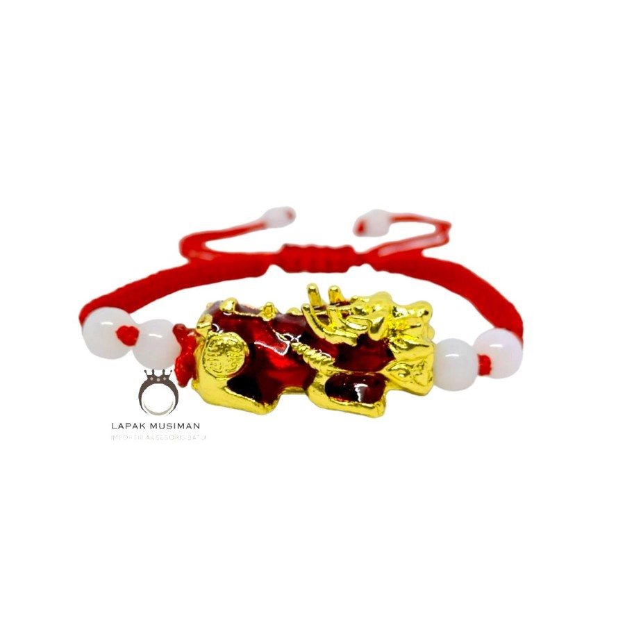 Gelang Pria Wanita Model Pixiu Thermo Tali Warna Merah Lapis Emas 24K