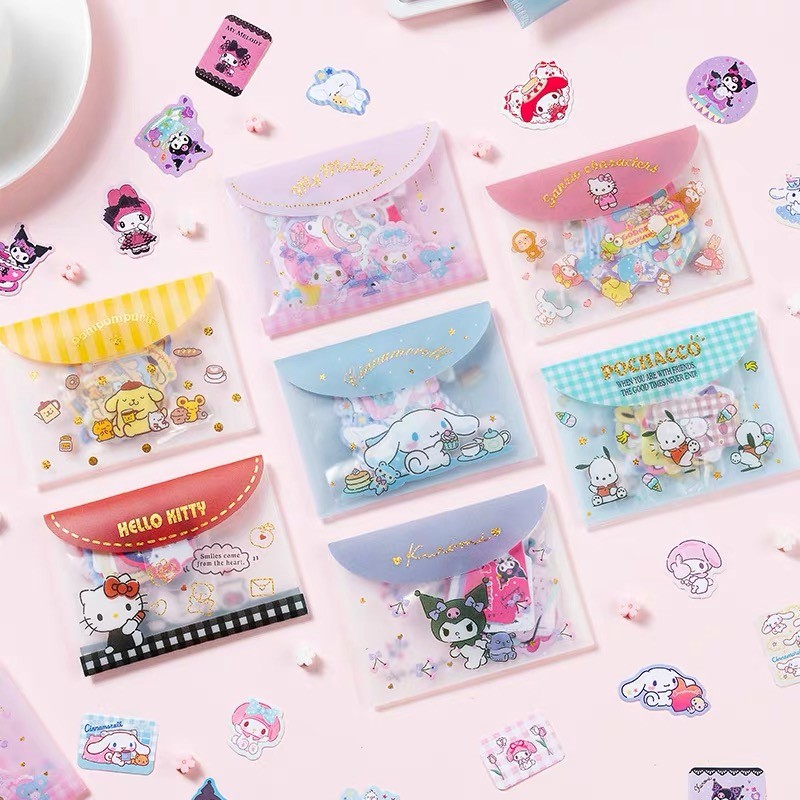 

Sanrio Stickers 40PCS/pack Melody Culomi Cinnamoroll Pom Pom Cute Cartoon Paper Decoration PVC Sticker Storage Bag