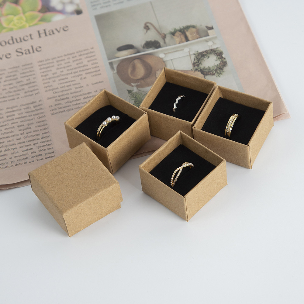 

10pack Bulk Rings Box 4x4x3cm Brown Kraft Gift Cardboard Boxes Jewelry Necklace Earring For Women Packaging Case with Sponge