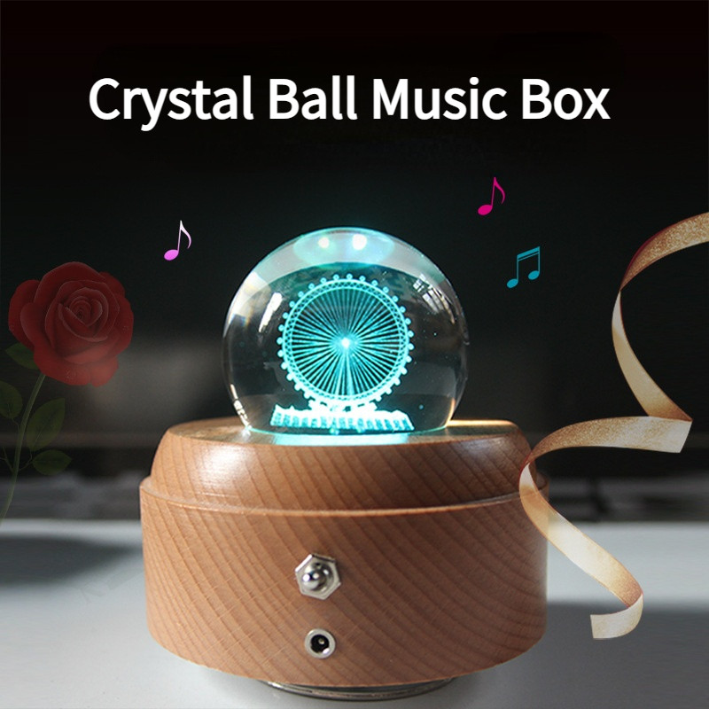 Crystal Ball Music Box Creative Wooden Luminous Music Boxes Rotating Wooden Base Music Box Birthday 