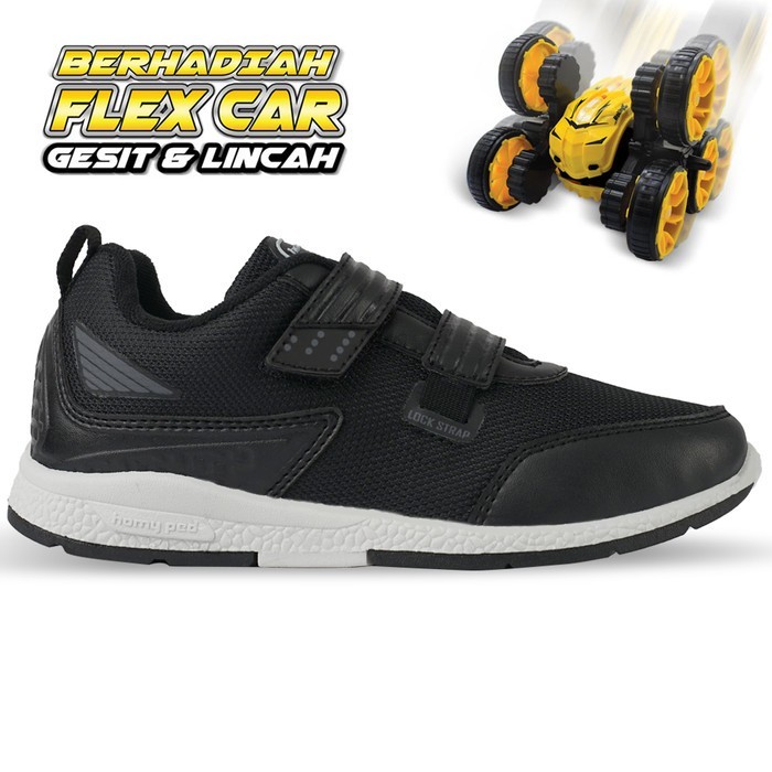 ✔Virtual.C✔ - PASTI READY Homyped Romans 01 Sepatu Sekolah Anak Berhadiah Flex Car - HItam Putih, 34