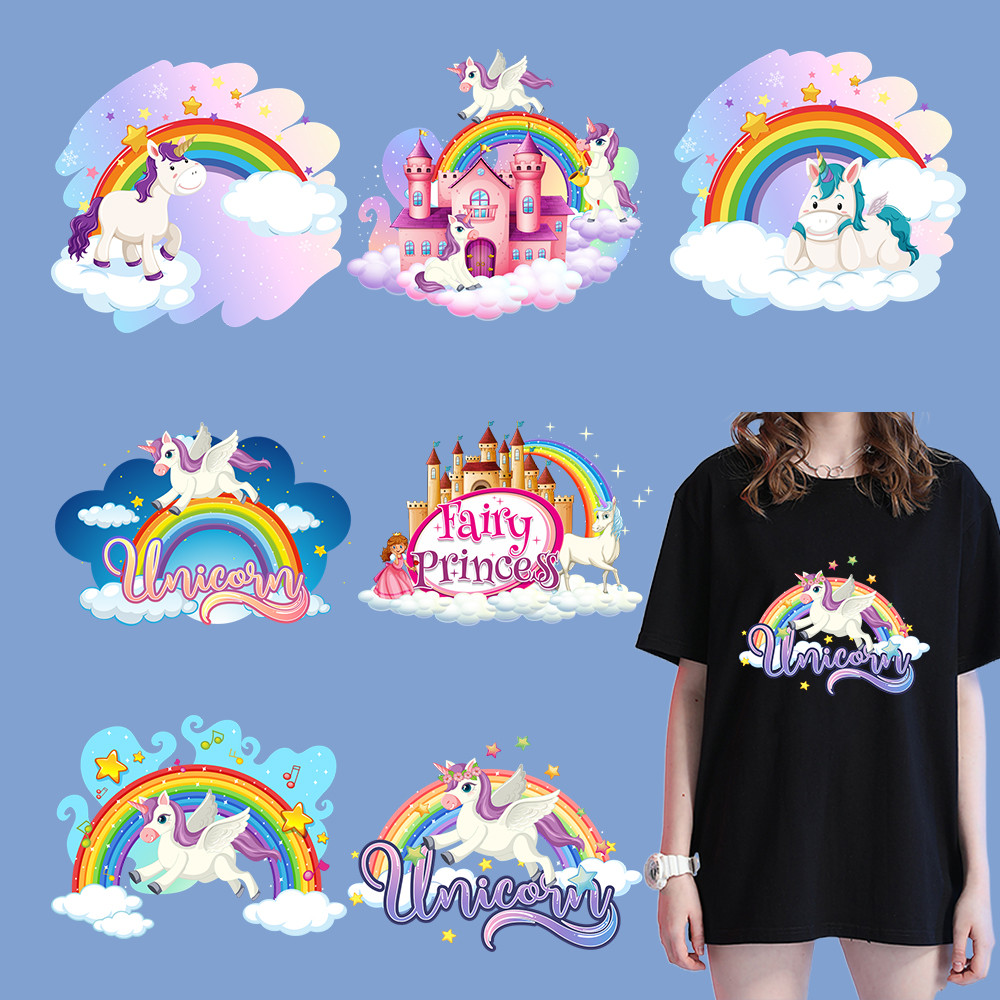 

Pink Rainbow Unicorn Thermal Transfer Sticker Personality Diyprints Iron-On Transfer For Schoolbag Washable Applique Decor