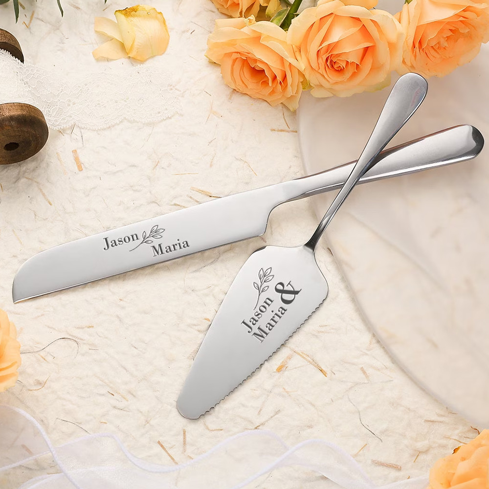 Personalized Wedding Cake Knife Set Silver Laser Engraved Custom Name Cake Decoration Cake Cutter Gi
