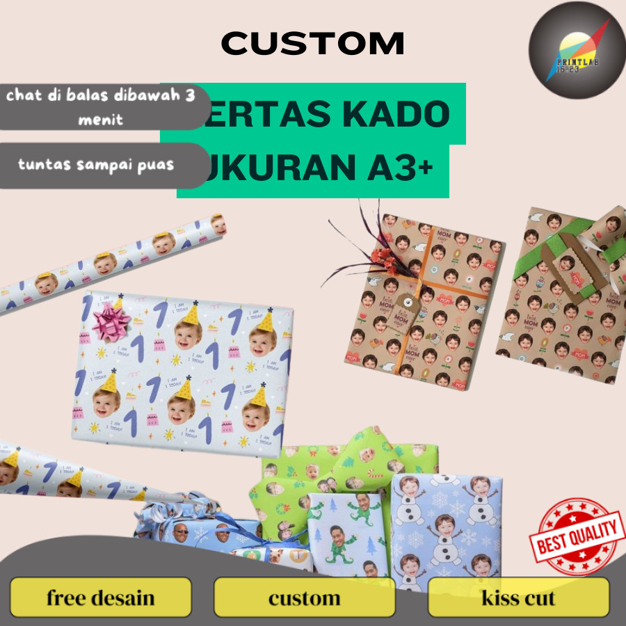 

PrintLab Cetak Kertas Kado Custom Desain Muka Wajah Tambah Tulisan Wrapping Papper Bungkus Hadiah