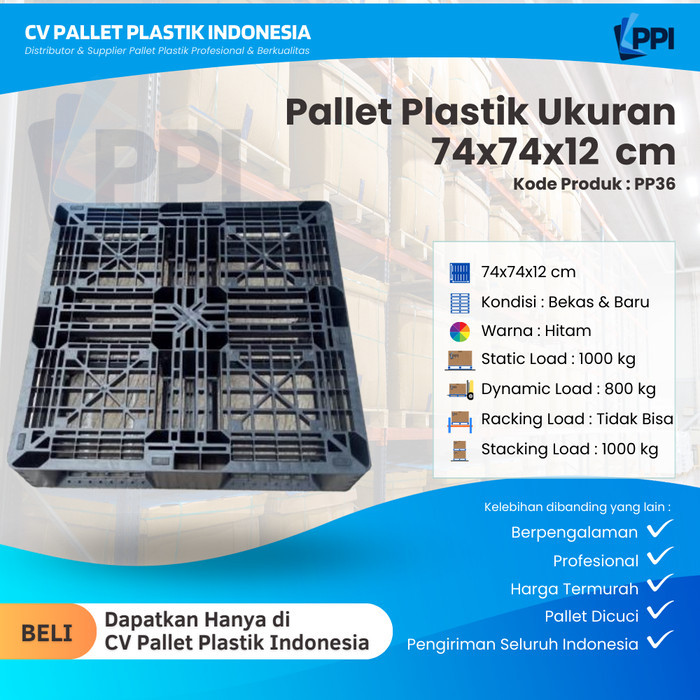 

Pallet Plastik Bekas/Baru Ukuran 74x74x12 cm – PP36 / Pallet Plastik Hitam/ Pallet Plastik Jaring