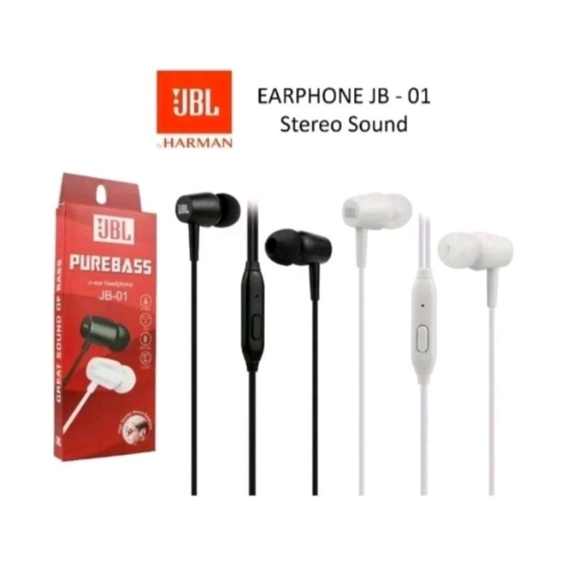 Headset JBL Purebass JB-01 Hitam Putih Hf Music Audio JB01 Earphone