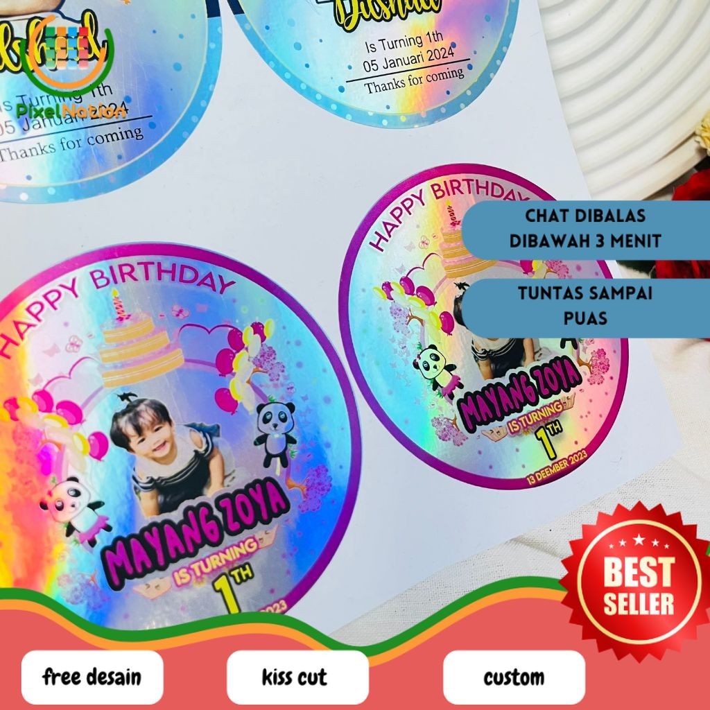 

PiNat 2-4 Stiker Hologram Ulang Tahun Anak Bentuk Bulat Label Ultah Sticker Undangan Happy Birthday