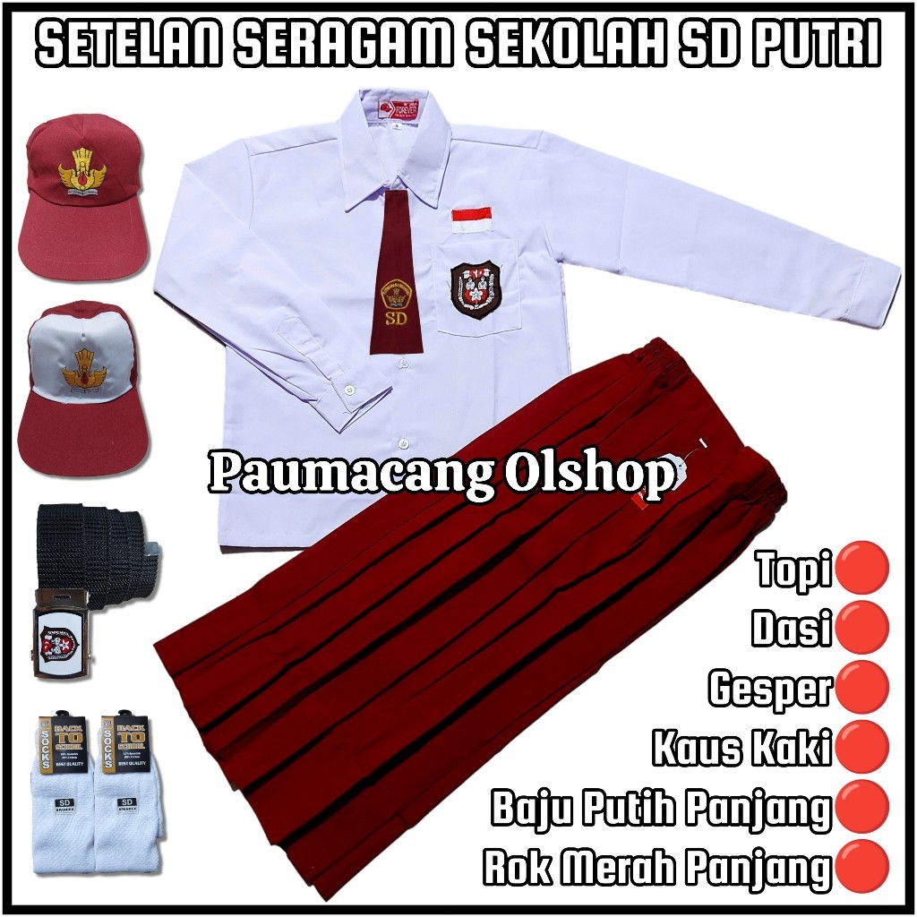 Setelan Seragam Sekolah SD Merah Putih Anak Perempuan Baju Putih SD Lengan Panjang Rok Merah Panjang