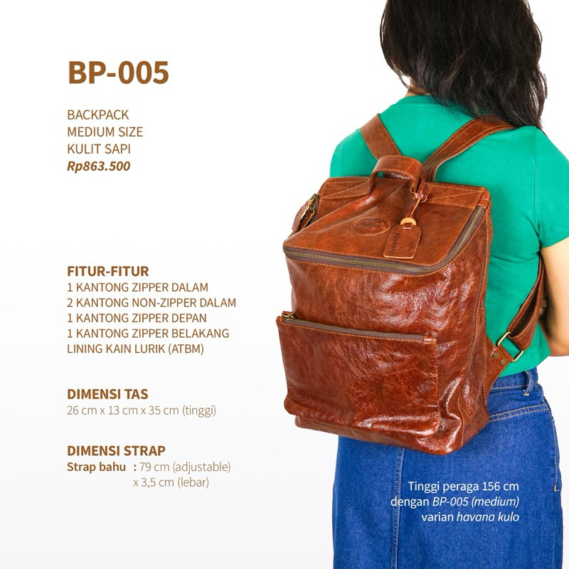 ABEKANI LEATHER  BP005 - Tas Ransel Kulit - Tas Punggung Kulit Sapi Asli  - Tas Backpack