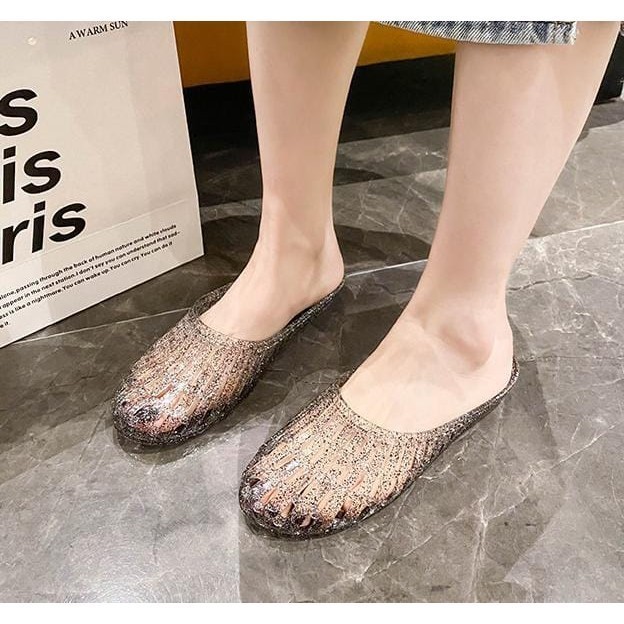 Sepatu Flat Shoes Wanita Hak Sepatu Bahan Jelly Mules Hak Tahu Sepatu Kerja  TG1597