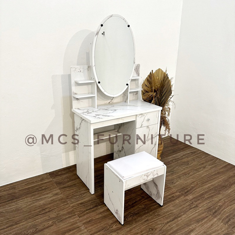 Meja Rias Oval Marble Sliding Set Free Puff Kursi Mebel MCS Furniture Semarang