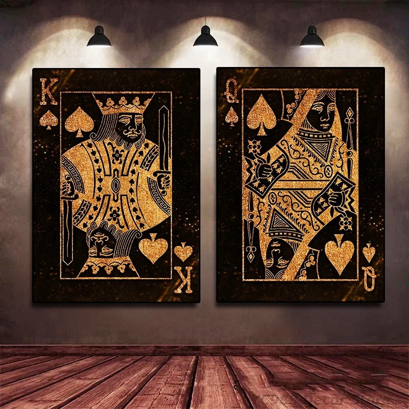 

King & Queen Canvas Painting Black Gold Poker Modern Minimalist Wall Art Picture Posters and Prints for Home/Office Decor Gifts