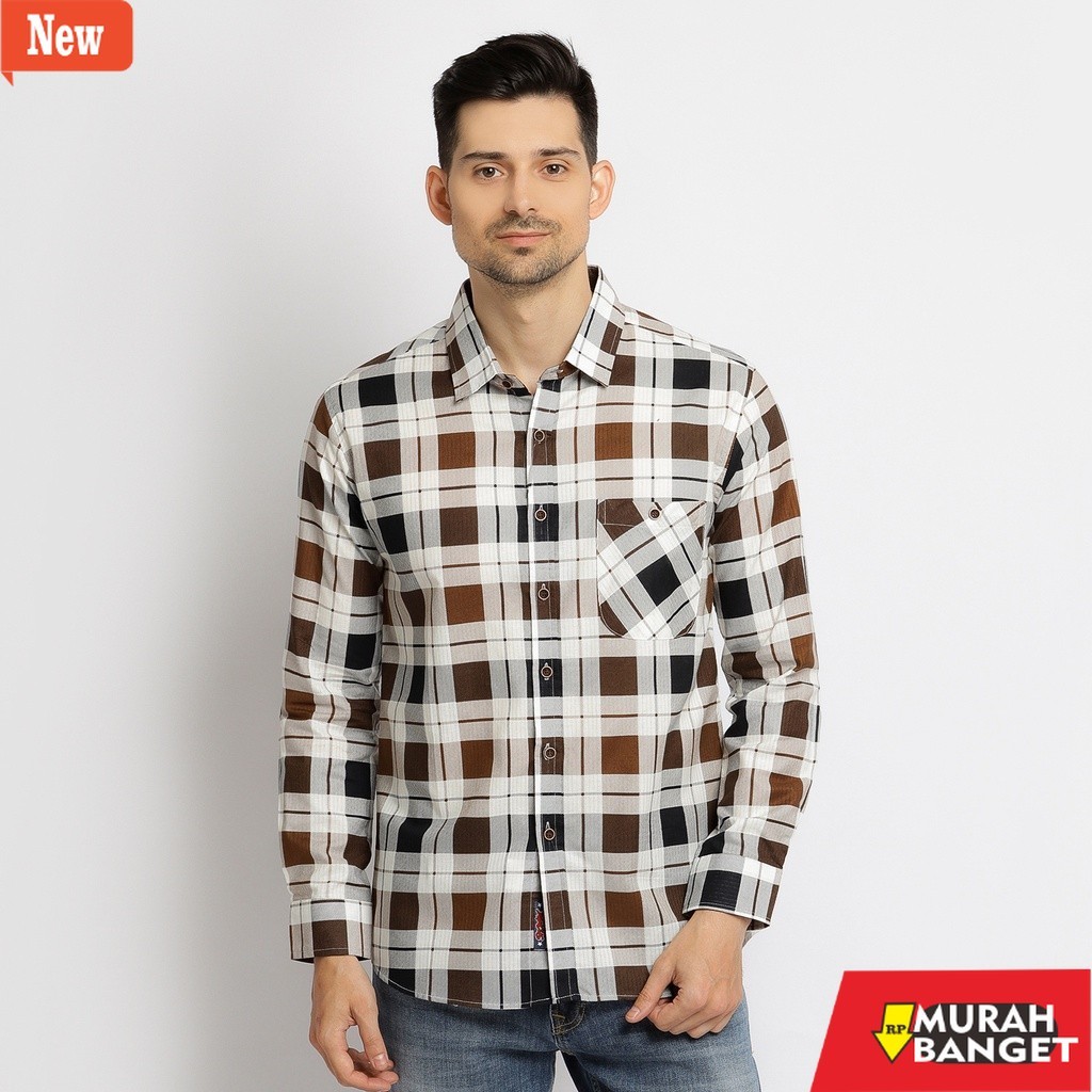 kemeja kotak kotak cowok Kemeja Kotak Pria Lengan Panjang Atasan Motif Kotak Warna Coklat OLR036