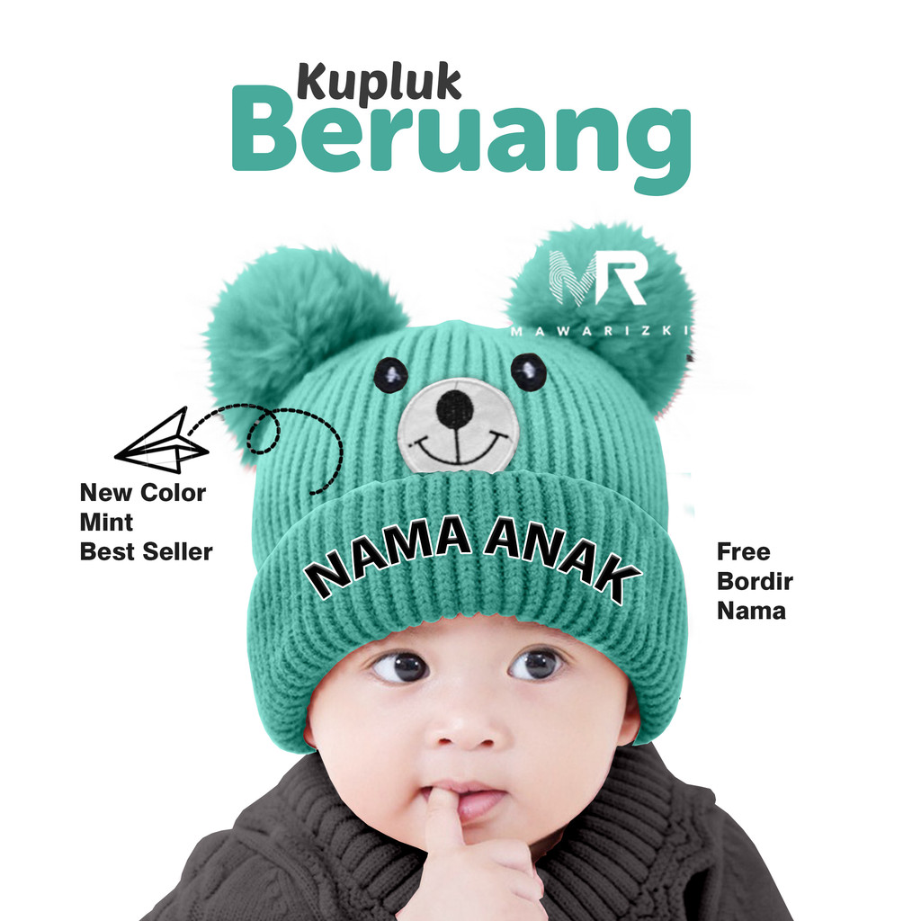 topi bayi laki laki pompom karakter Beruang Pakai Nama anak Cowok Cewek
