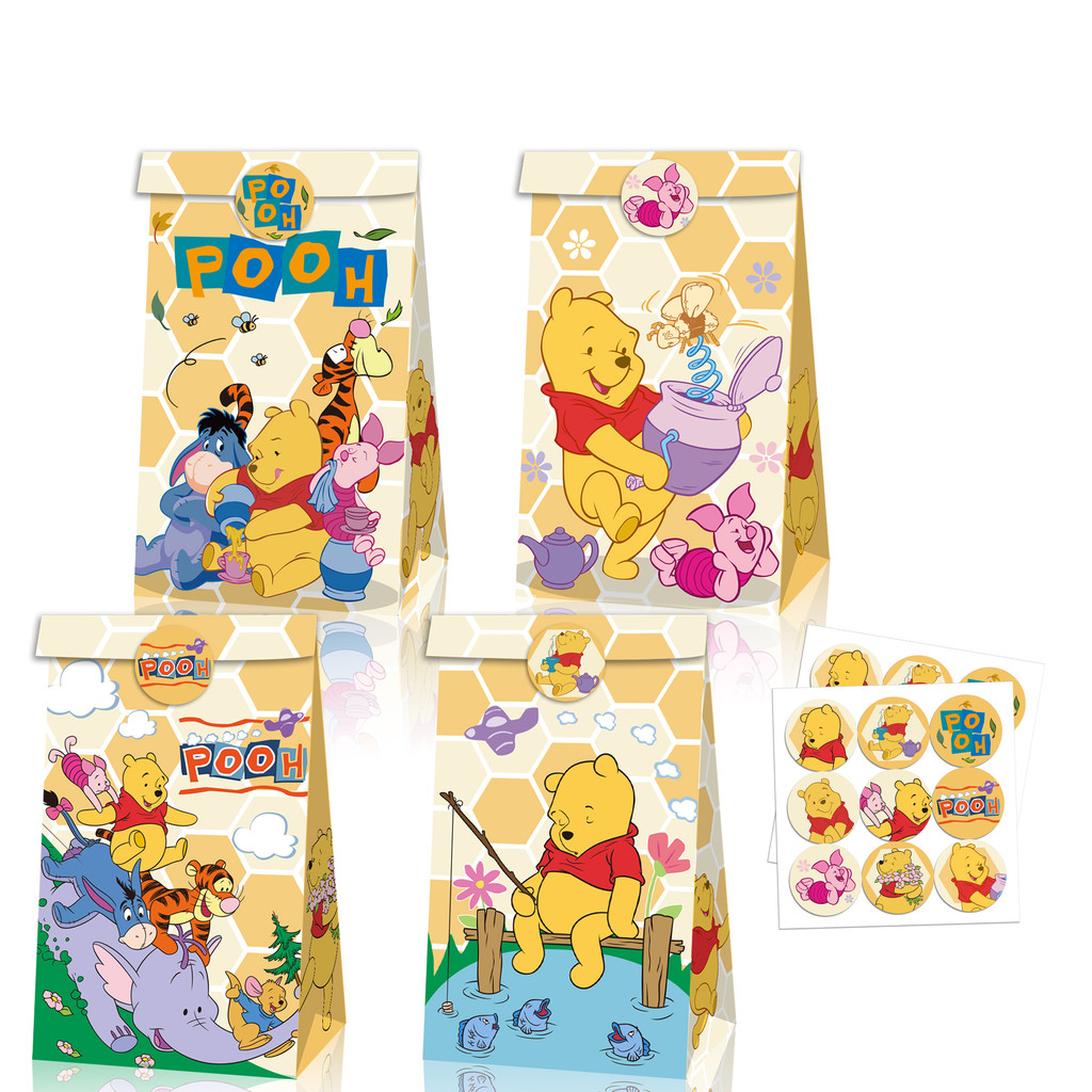 

12/24pcs Winnie the Pooh Candy Bags Birthday Party Decoration Wedding Party Gifts Box Paper Kraft Chocolate Package Pouch