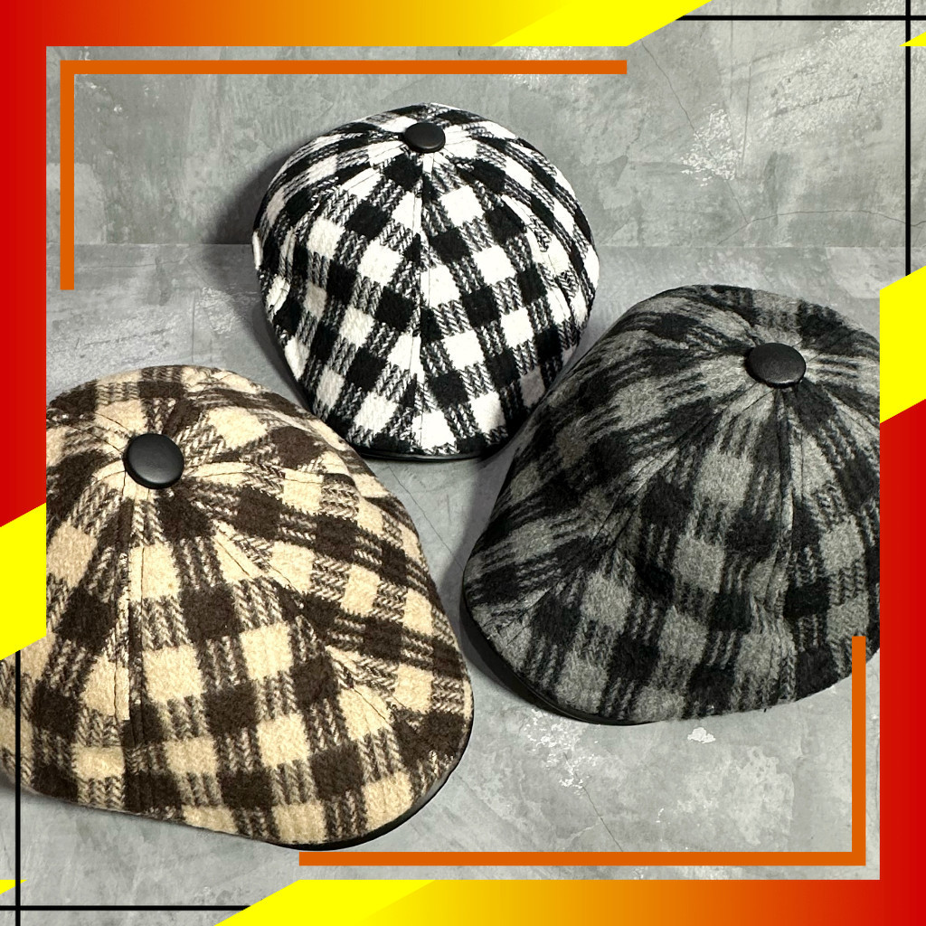 COOLTUF-Flat Cap Pria Motif Flannel Bahan Wool Tebal | Newsboy Hat Import | Topi Pet Pelukis Sutrada