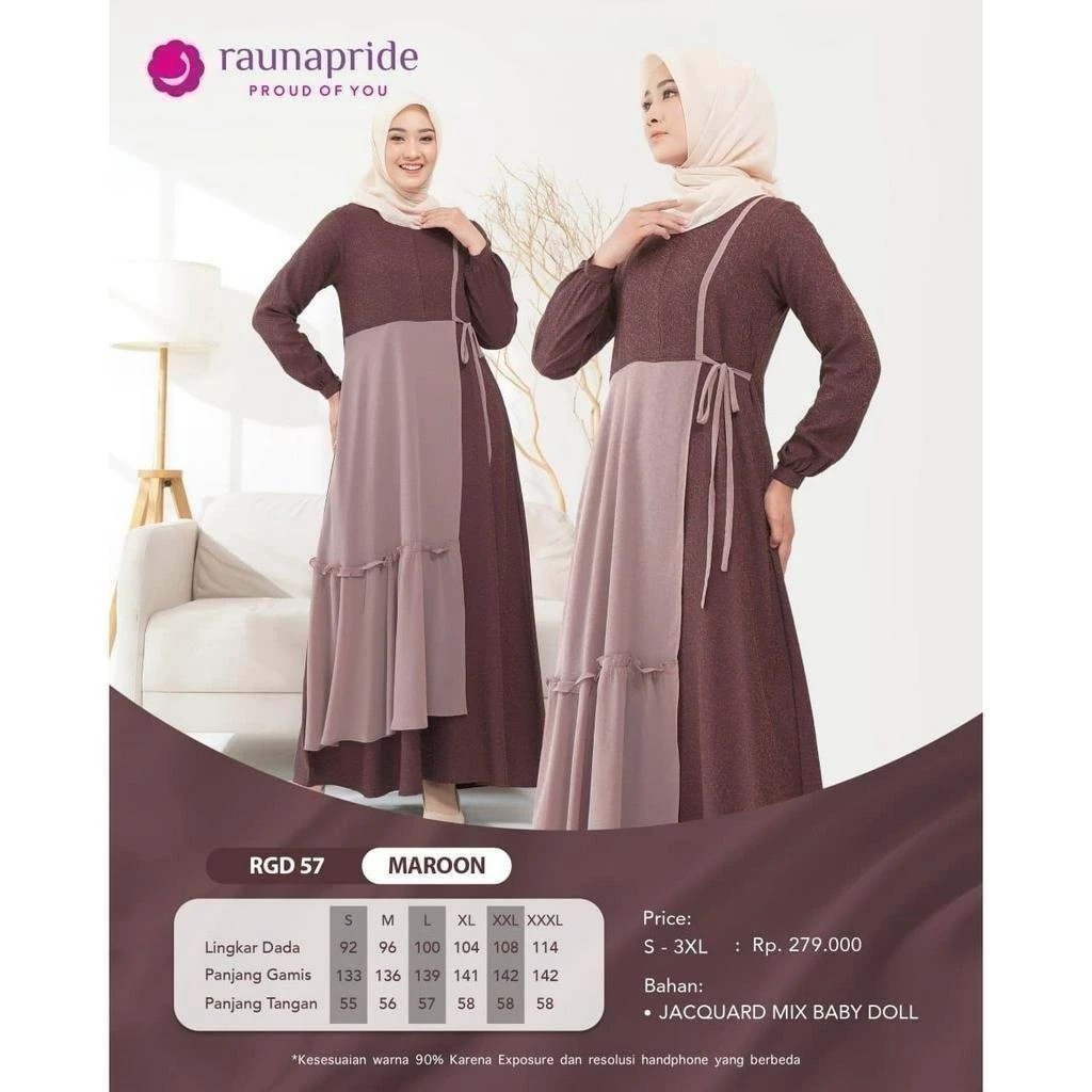 Rauna RGD 57 Gamis Wanita Jacquard Baby Doll Maroon Mint Bata Biru Couple Ayah Kondangan Pesta