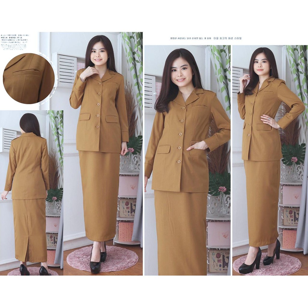 Diskont Blazer Seragam Wanita Formal Kerah Jas Lengan Panjang 3 Kantong Stelan Rok A / Rok Span /