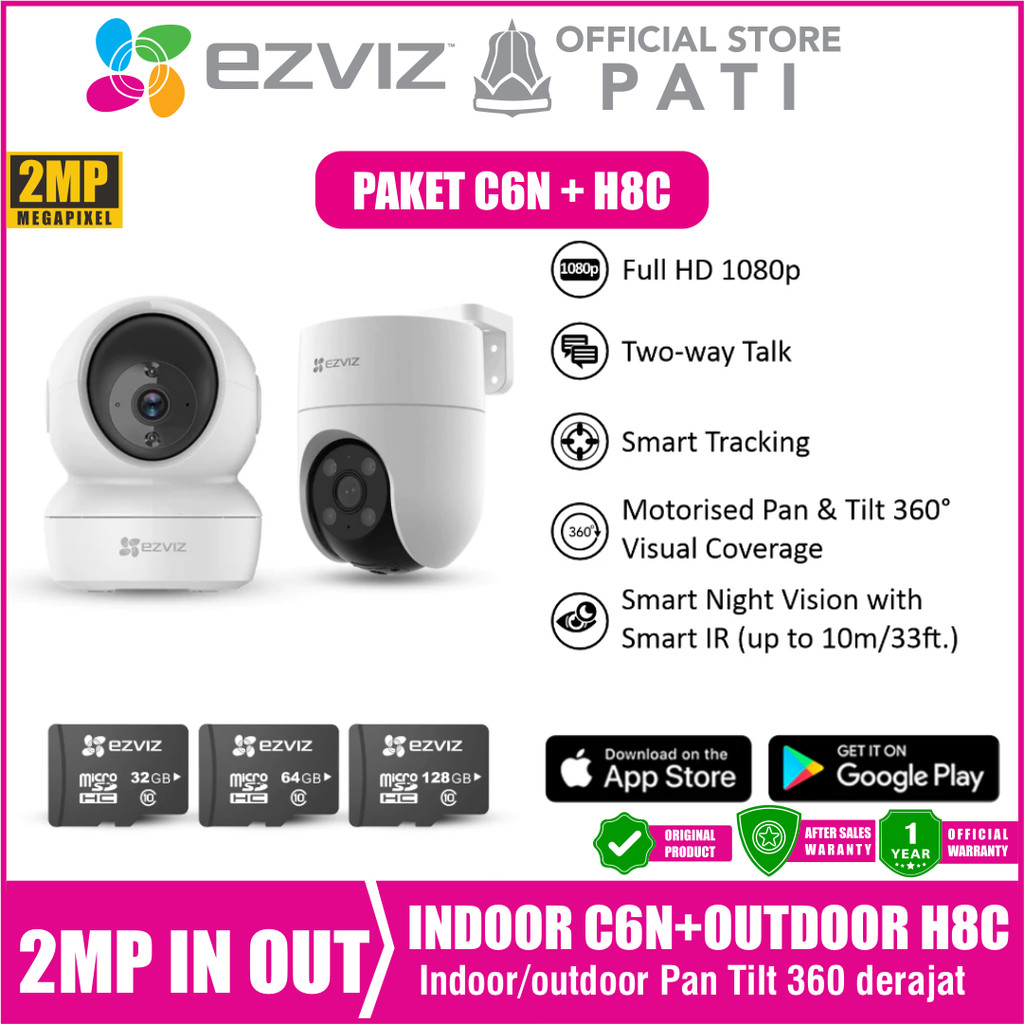 Paket Ezviz C6N & H8C CCTV Indoor Outdoor Smart Home Ip Camera Bundling MicroSD 32GB 64GB 128GB
