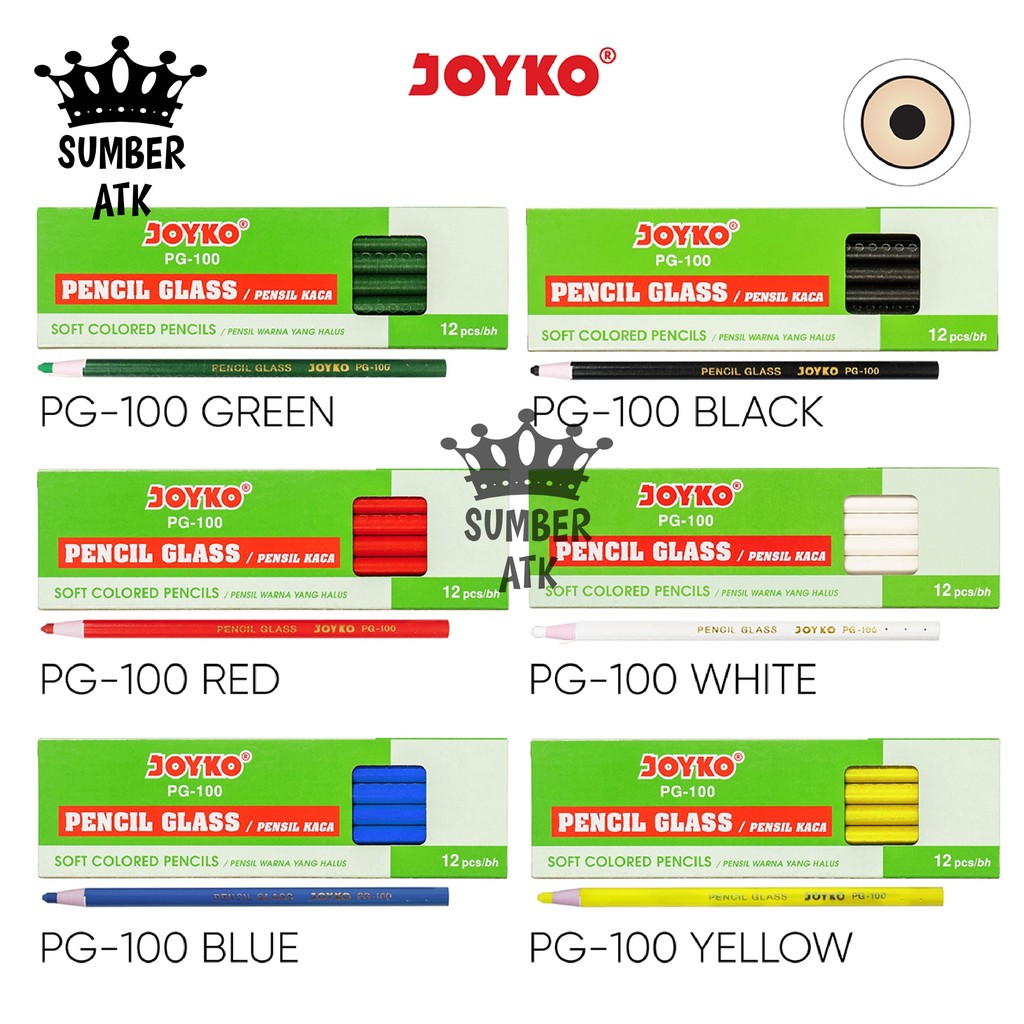 

Pencil Glass Pensil Kaca Warna Joyko PG-100 Hitam Biru Merah Putih Kuning Hijau 1 Box 12 Pcs