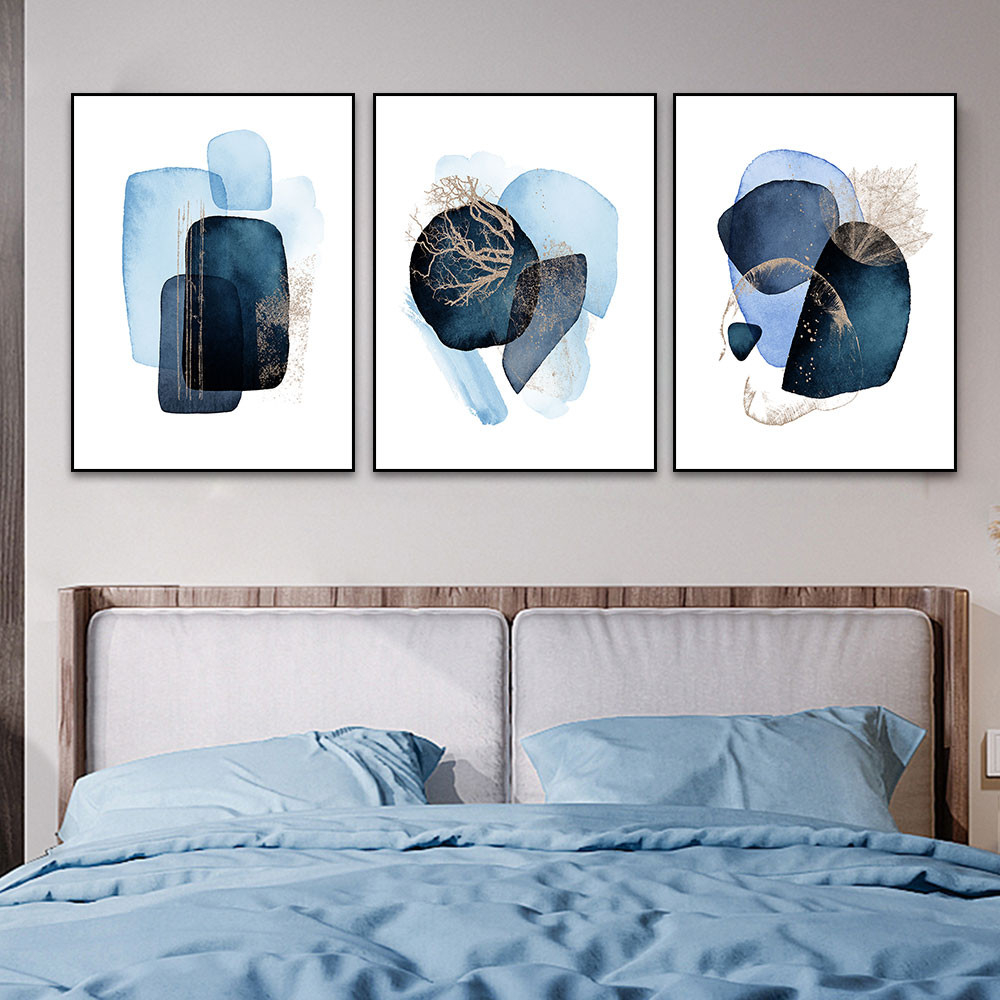 

3PCS Frameless Navy Blue Abstract Geometric Wall Art Painting Modern Canvas Poster Pictures for Living Room Home Decor Unframed